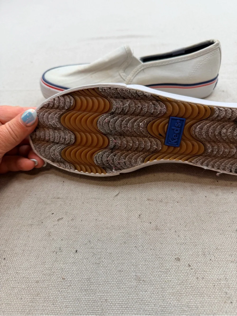 Keds White Canvas Slip-On Loafers with Red & Blue Trim